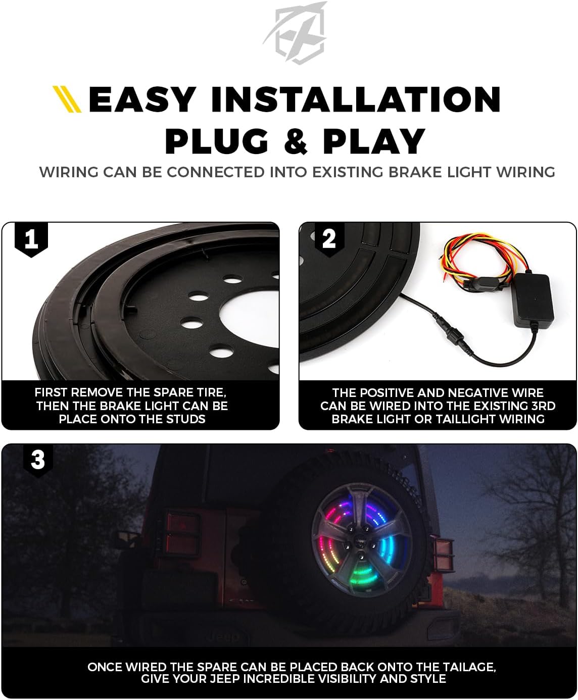 Xprite RGB Spare Tire Brake Light - Dual Ring Rear Wheel Light Compatible with 2007-2018 Jeep Wrangler JK JKU