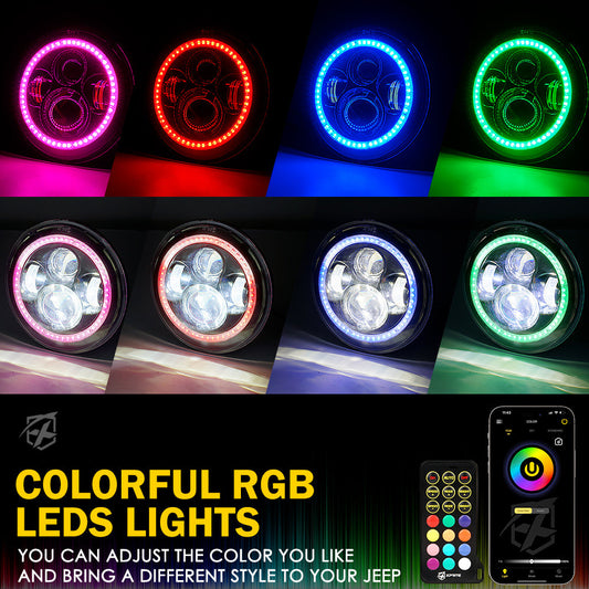 7" LED RGB Halo Headlights for 2007-2018 Jeep Wrangler