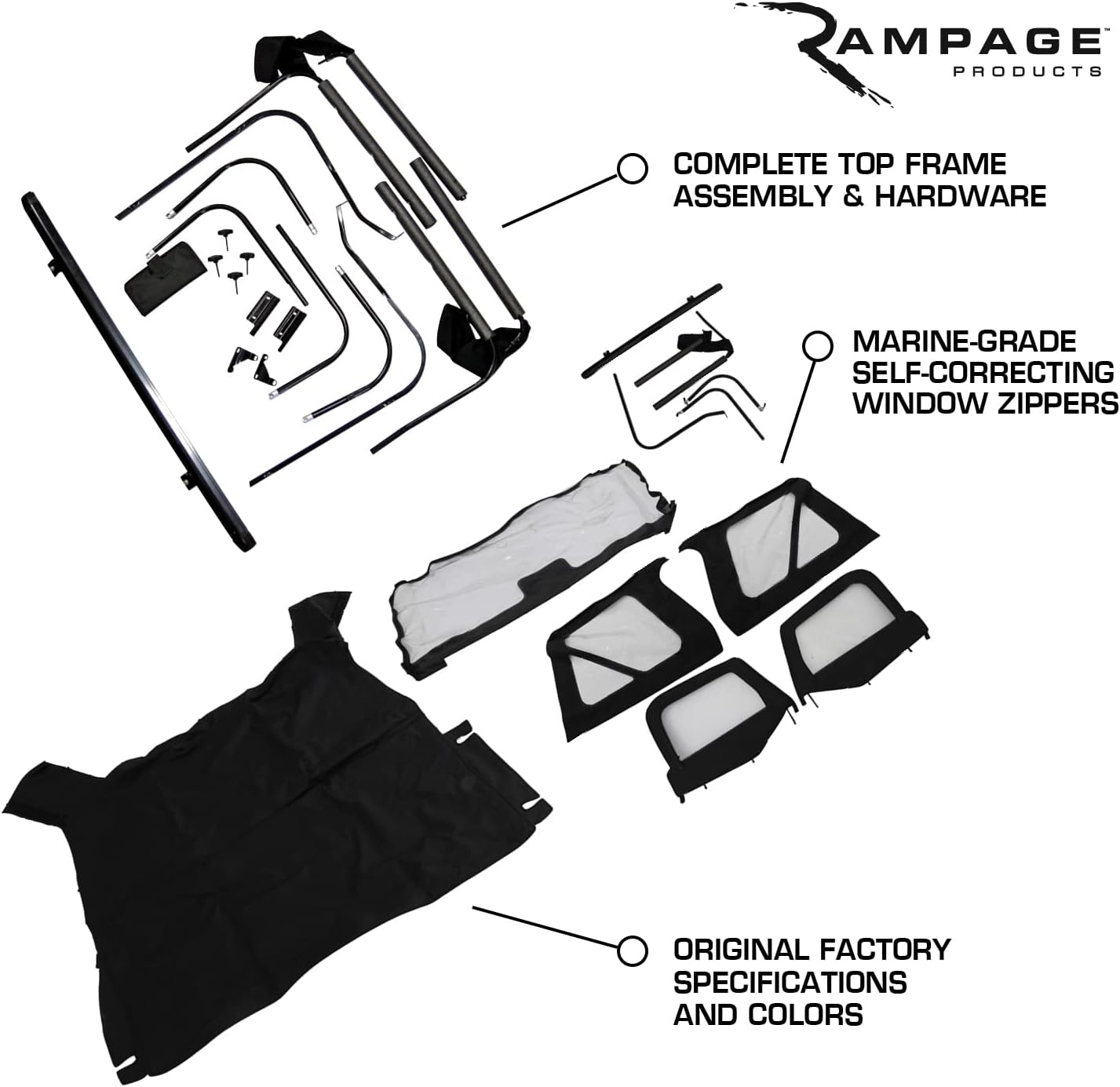 Complete Soft Top Vinyl Black Denim includes Frame & Hardware w/Soft Upper Doors Jeep Wrangler YJ 87-95 by Rampage Products