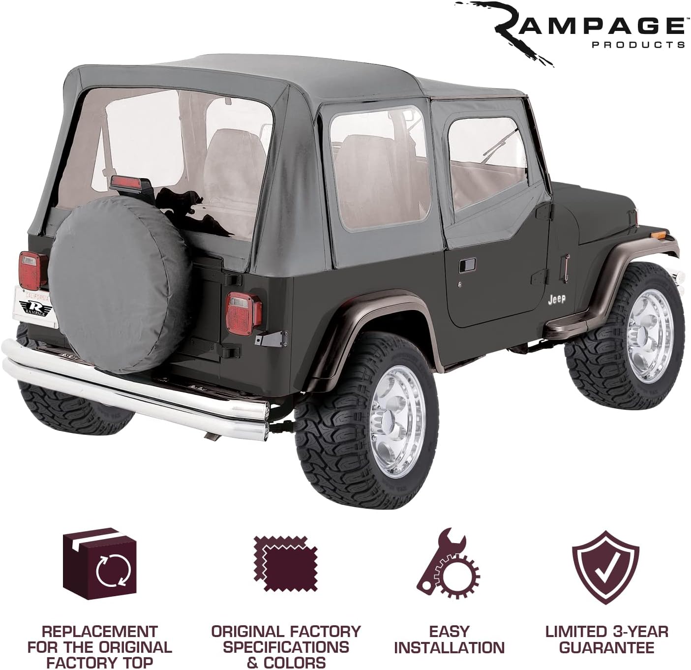 Complete Soft Top Vinyl Black Denim includes Frame & Hardware w/Soft Upper Doors Jeep Wrangler YJ 87-95 by Rampage Products
