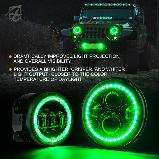 7" 90W LED Headlights & 4 Inch 60W Fog Lights Combo w/Green Halo Angel Eye